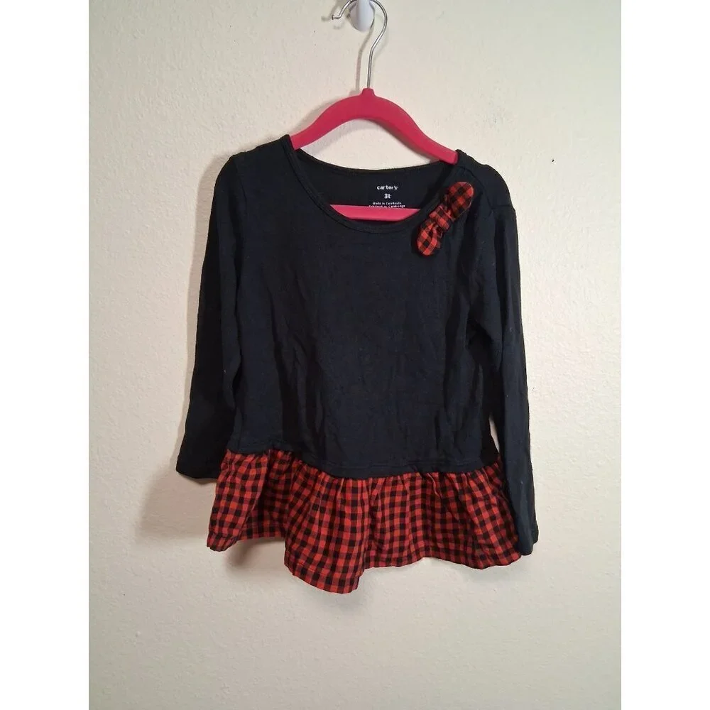 Carter's Long Sleeve Blouse Buffalo Check Christmas Winter Black Girls 3T